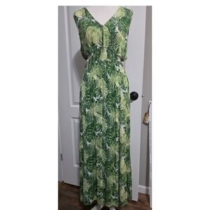 Faded Rose Green Tropical Palm Leaf Maxi Dress Side Cutouts Boho Sz L Beach vibe